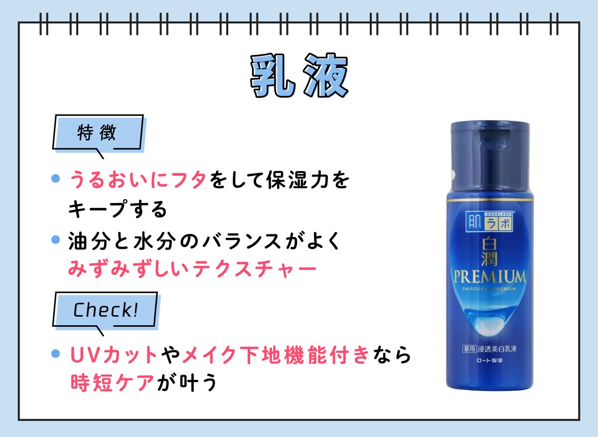 乳液の特徴は、うるおいにフタをして保湿力をキープし、油分と水分のバランスがよくみずみずしいテクスチャー。UVカットやメイク下地機能付きなら時短ケアが叶う。