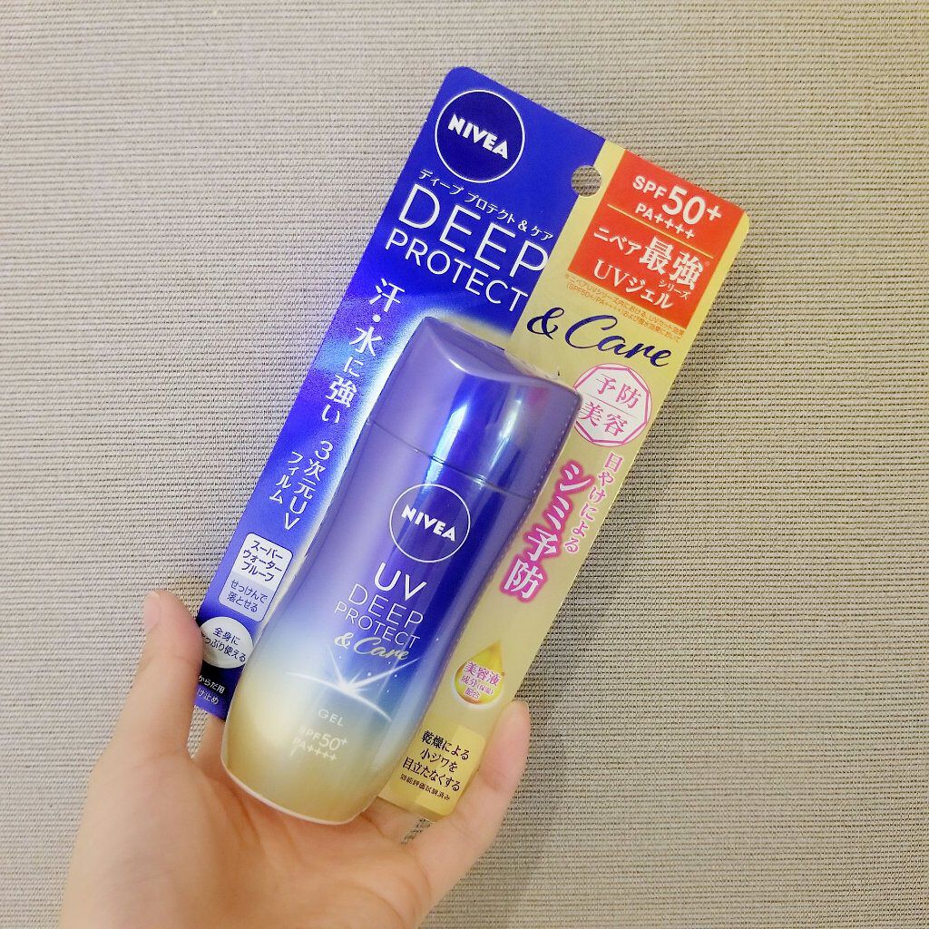 
◎ニベア UV
　→ディーププロテクト&ケアジェル

--------------->

日焼け止めなのに香りがいいのが嬉しいです💐
薄いイエローのジェルですが、特に肌色補正の効果は分かりませんでした🤔
パリっとした感じや日焼け止め特