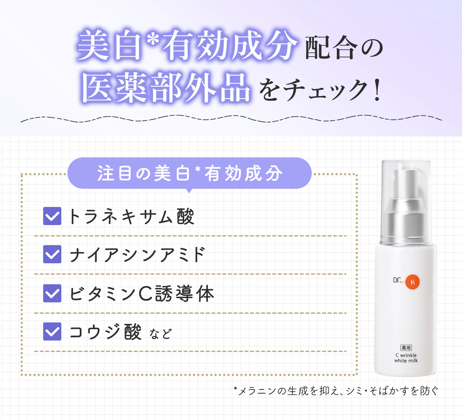 美白*有効成分配合の医薬部外品をチェック！注目の美白*有効成分はトラネキサム酸・ナイアシンアミド・ビタミンC誘導体・コウジ酸などです。*メラニンの生成を抑え、シミ・そばかすを防ぐ