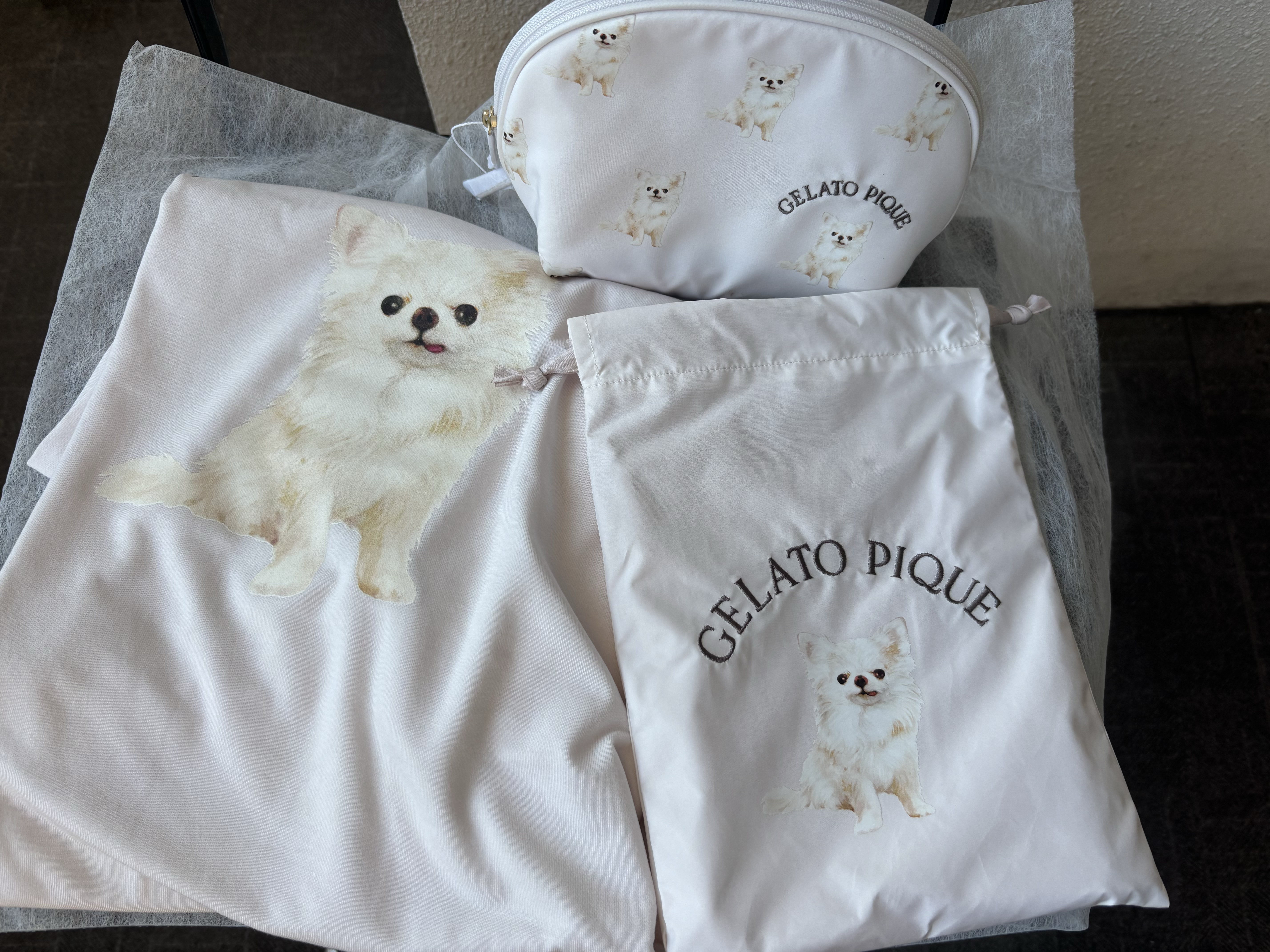 ジェラートピケのメイクアップグッズ DOG柄巾着2枚セット＆DOG柄マチ