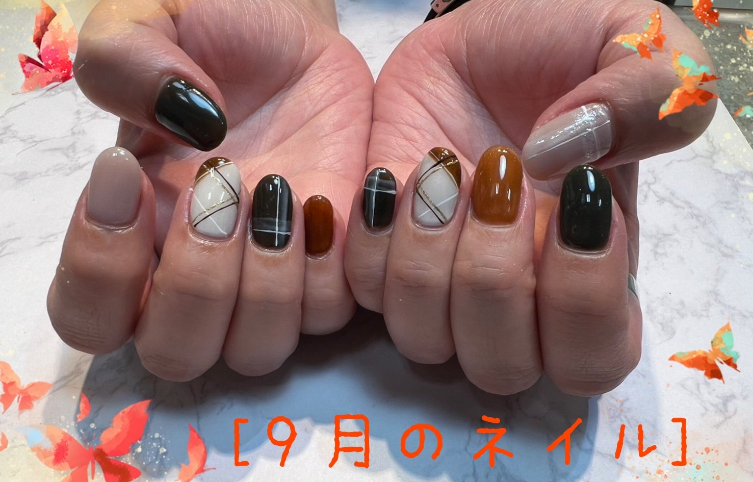#ジェルネイル,#チェックネイル,#秋ネイルのネイルデザイン