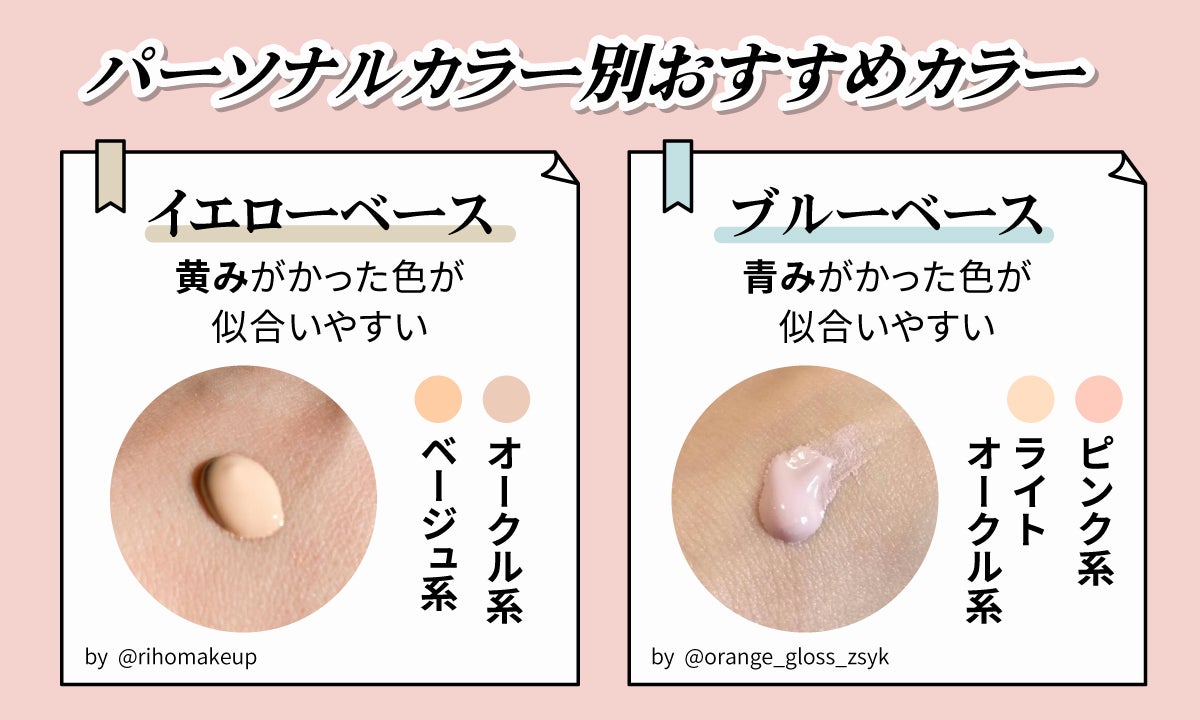 パーソナルカラー別おすすめカラー。イエローベース：黄みがかかった色が似合いやすい（オークル系・ベージュ系）。ブルーベース：青みがかかった色が似合いやすい（ピンク系・ライトオークル系）