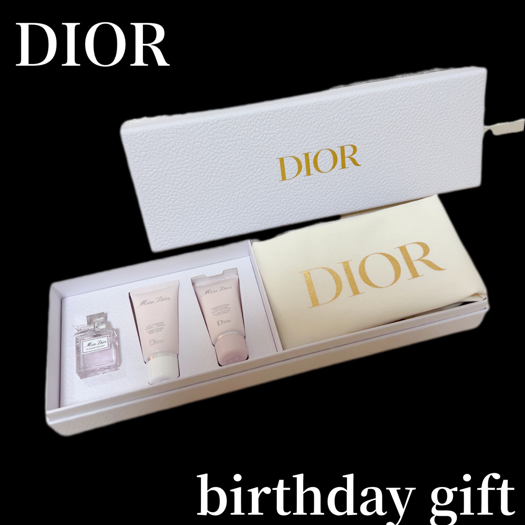 【DIOR バースデーギフト🎁】

毎年楽しみにしているDIORのギフト！
今年はミスディオールの香りのハンドクリーム、ボディクリーム、ブルーミングブーケの香水、巾着を頂きました🙆

クリスタル会員のギフトです💝

とってもいい香りで
