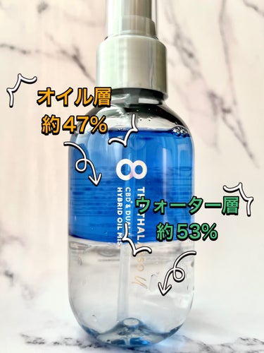 何度もすみません🙇パート2！！
手が汚れない！ヘアオイルミスト！！

【製品】
エイトザタラソユー CBD＆デュアルレイヤー ハイブリッド オイルミスト
内容量：100ml
価格：1,650円

エイトザタラソユーが好き過ぎてリピしまくりです🤣
こちらも本当に良い⭕️
オイルなのにミストタイプで、使用する際手が汚れない画期的なアイテム！！
＊
オイルよりも軽く、ヘアミストよりもしっとりする使用感が好み。うるおい補給、ツヤ感、キューティクル補修、ヒートプロテクトと期待できる効果も豊富！実際、これを使用するとベタつかないのに指通りが滑らかになります！
＊
濡れた髪にも乾いた髪にも使用できます！私は、ウォーター層とオイル層がしっかり混ざるようによーく振ってから、乾いた髪に使用しています！ロングヘアの私ですが、傷んでいる毛先を中心に4プッシュ。これで十分行き渡ります。軽やかなつけ心地なので、はじめは沢山プッシュしたくなりますが、適量は3〜4プッシュなので守りましょう。ムスキーサボンの香りも爽やかで癒されます☺️
＊
ヘアオイルのベタベタ感が苦手だけど、何かケアはしたいと思っている方に特にオススメです！！
参考にして頂けると嬉しいです☺️
✼••┈┈••✼••┈┈••✼••┈┈••✼••┈┈••✼
#エイトザタラソ#エイトザタラソユー
#オイルミスト#ヘアオイル#ヘアミストの画像 その1