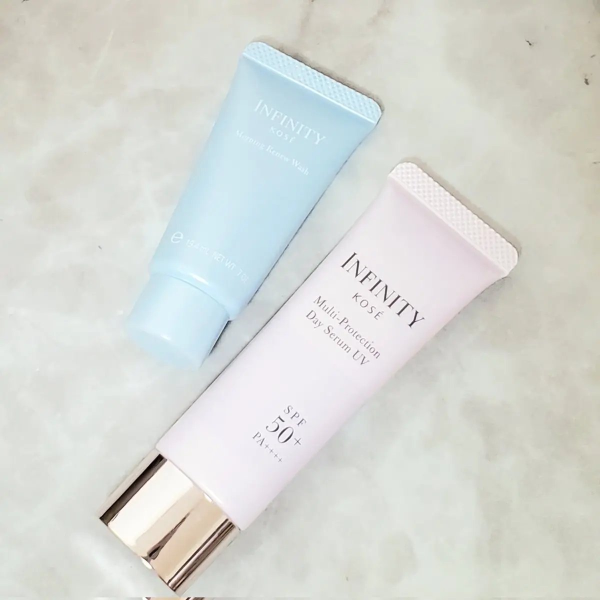 KOSEのINFINITY ガチ推しなんだけど！
青いモーニングリニューウォッシュっていう朝洗顔、めちゃくちゃいい！濡らさず洗うともっちりに仕上がる。。化粧のり変わる‼️
トーンアップ美容液も色ムラ飛ばしながらしっとりなじむから良かったー�