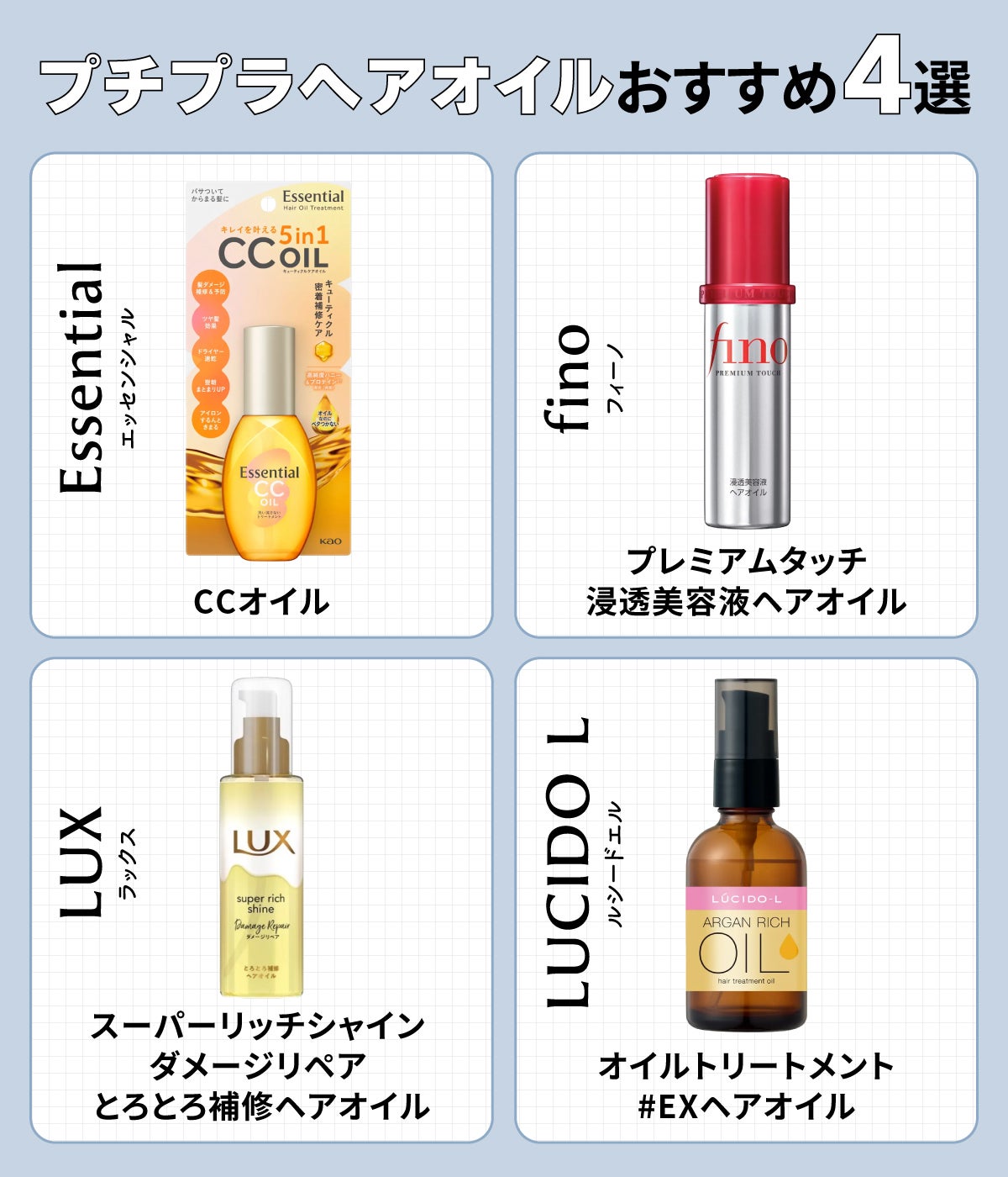 プチプラヘアオイルおすすめ4選。Essentia(エッセンシャル)CCオイル・fino(フィーノ)プレミアムタッチ浸透美容液ヘアオイル・LUX(ラックス)スーパーリッチシャイン ダメージリペア とろとろ補修ヘアオイル・LUCIDO L(ルシードエル)オイルトリートメント #EXヘアオイル。
