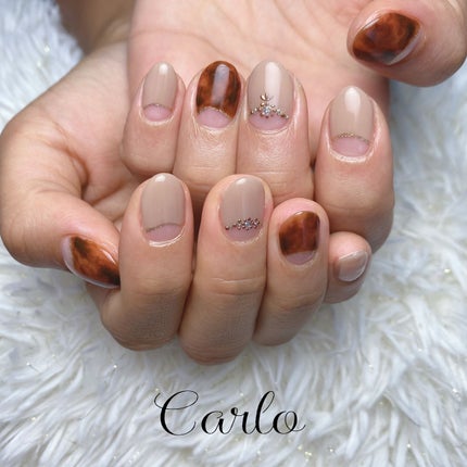 #べっ甲ネイル,#秋ネイル,#フレンチネイル,#手書きネイルのネイルデザイン