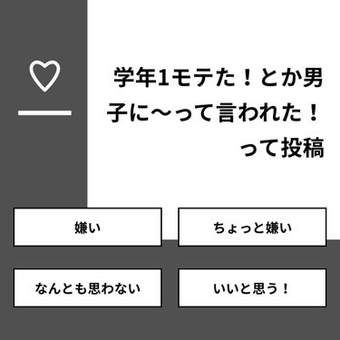 【質問】
学年1モテた！とか男子に〜って言われた！って投稿

【回答】
・嫌い：28.6%
・ちょっと嫌い：14.3%
・なんとも思わない：28.6%
・いいと思う！：28.6%

#みんなに質問

=