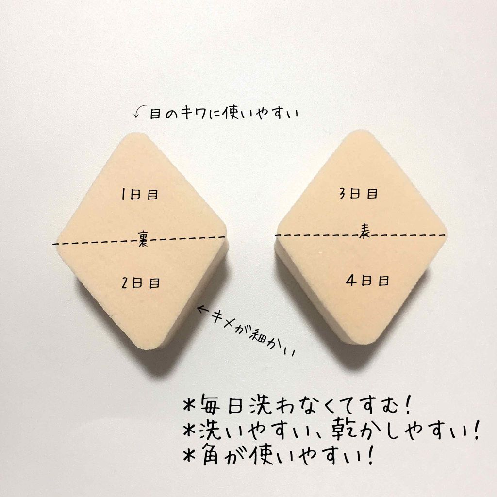 matsukiyo メイクアップスポンジ ダイヤ型のクチコミ「私が1番愛用するのはひし形のメイクスポンジです！

私はベースのカバー力を上げたいのでみずでぬ.....」（2枚目）