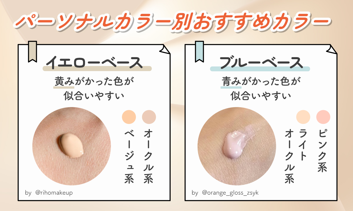 パーソナルカラー別おすすめカラー。イエローベースはオークル系・ベージュ系の黄みがかった色が似合いやすい。ブルーベースはピンク系・ライトオークル系の青みがかった色が似合いやすい。