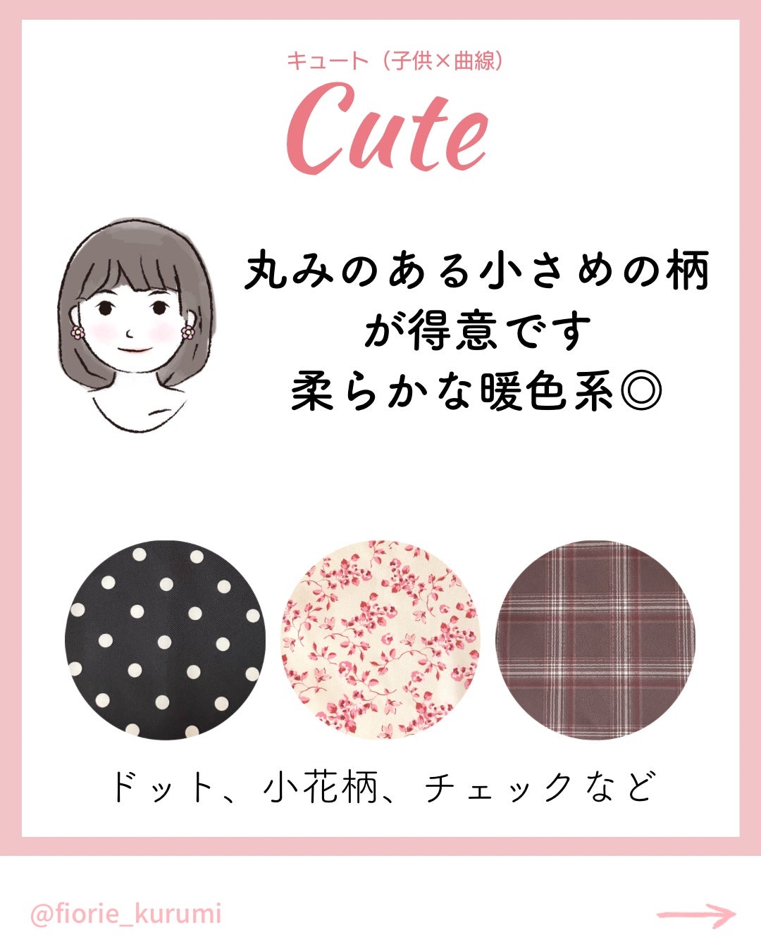 kurumi【柏】パーソナルカラーアナリスト on LIPS 「顔タイプ別おすすめ柄パターンまとめ💐
子供顔タイプ
▶︎カジュ..」(2枚目)