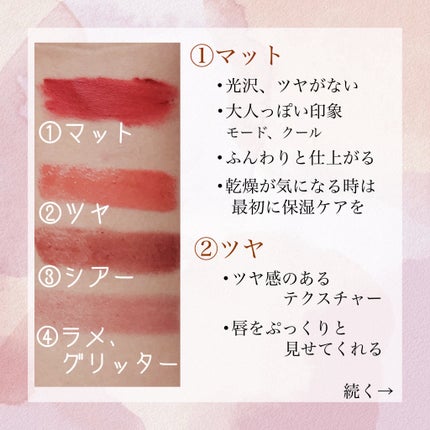 瑞樹澄葉@メイクのアレコレ on LIPS 「\保存版!/【リップ】種類とテクスチャーまとめ こんにちは!M..」(4枚目)