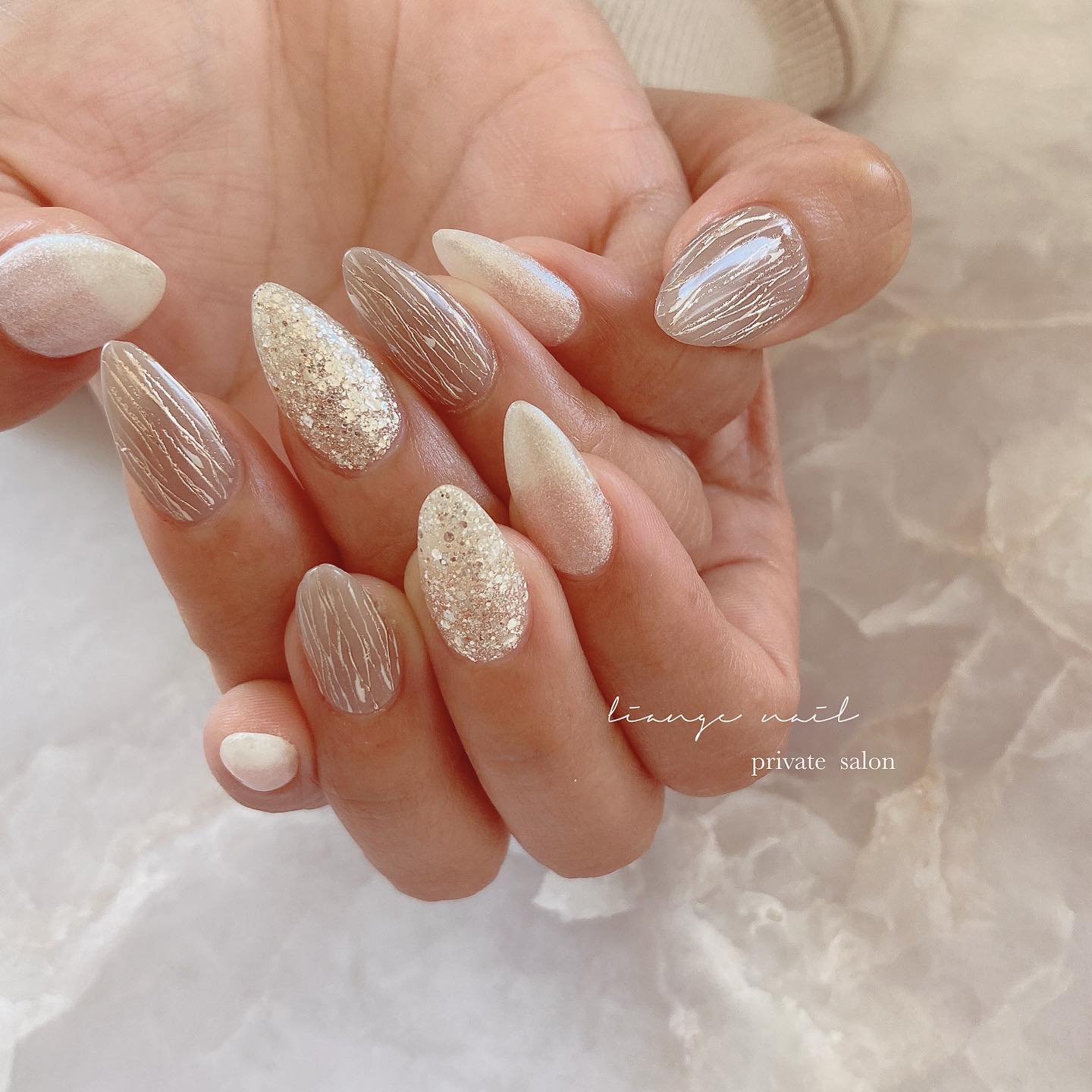 #リアンジェネイル,#柏ネイル,#ネイル,#ニュアンスネイル,#大人ニュアンスネイル,#ミラーネイル,#春ネイル,#グリッターネイル,#ストライプネイルのネイルデザイン