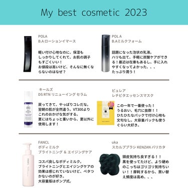 My best cosmetic 2023

今年のわたしのベスコス💄💕

＊化粧水
B.A
B.A ローション イマース

＊乳液
B.A
ミルク フォーム

＊美容液
Kiehl's
DS RTN 