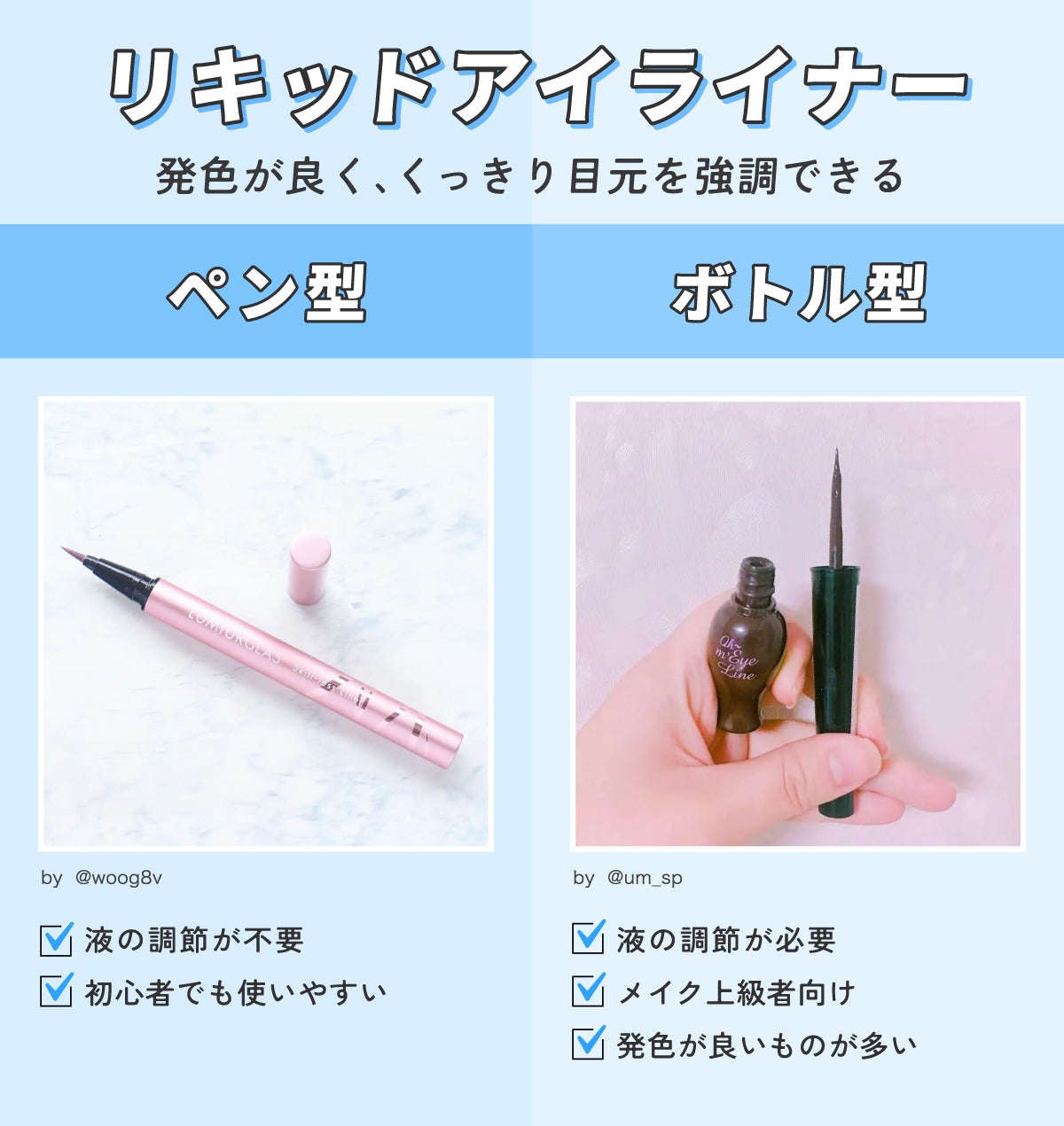 発色が良く、くっきり目元を強調できるリキッドアイライナー。ペン型は液の調節が不要で初心者でも使いやすい。ボトル型は液の調節が必要でメイク上級者向け。発色が良いものが多い。