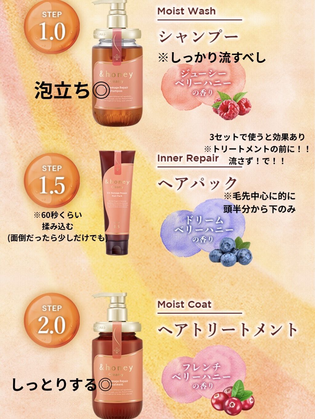 Creamy EXダメージリペアシャンプー1.0/ヘアトリートメント2.0/&honey/市販シャンプーを使ったクチコミ（2枚目）