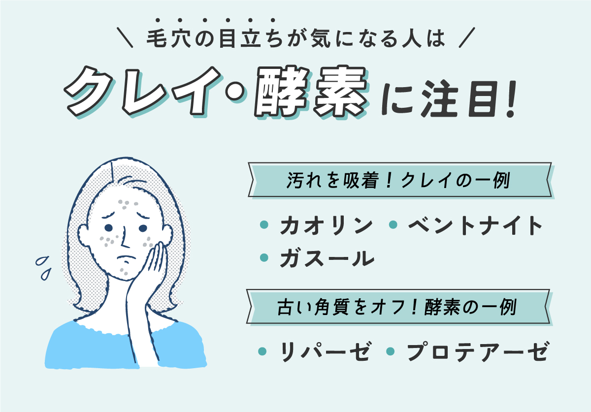 毛穴の目立ちが気になる人はクレイ・酵素に注目。汚れを吸着するクレイの一例はカオリン、ベントナイト、ガスール。古い角質をオフする酵素の一例はリパーゼ、プロテアーゼ。