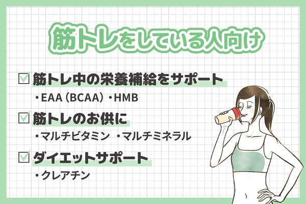筋肉トレをしている人には筋トレ中の栄養補給をサポートするEAA(BCAA)・HMBや筋トレのお供にはマルチビタミン・マルチミネラル、ダイエットをサポートするクレアチンがおすすめ。
