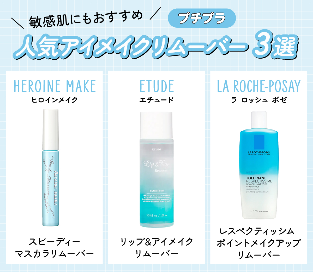 敏感肌にもおすすめプチプラ人気アイメイクリムーバー3選。HEROINE MAKE（ヒロインメイク）スピーディーマスカラリムーバー・ETUDE（エチュード）リップ&アイメイクリムーバー・LA ROCHE-POSAY（ラ ロッシュ ポゼ）レスペクティッシム ポイントメイクアップリムーバー。