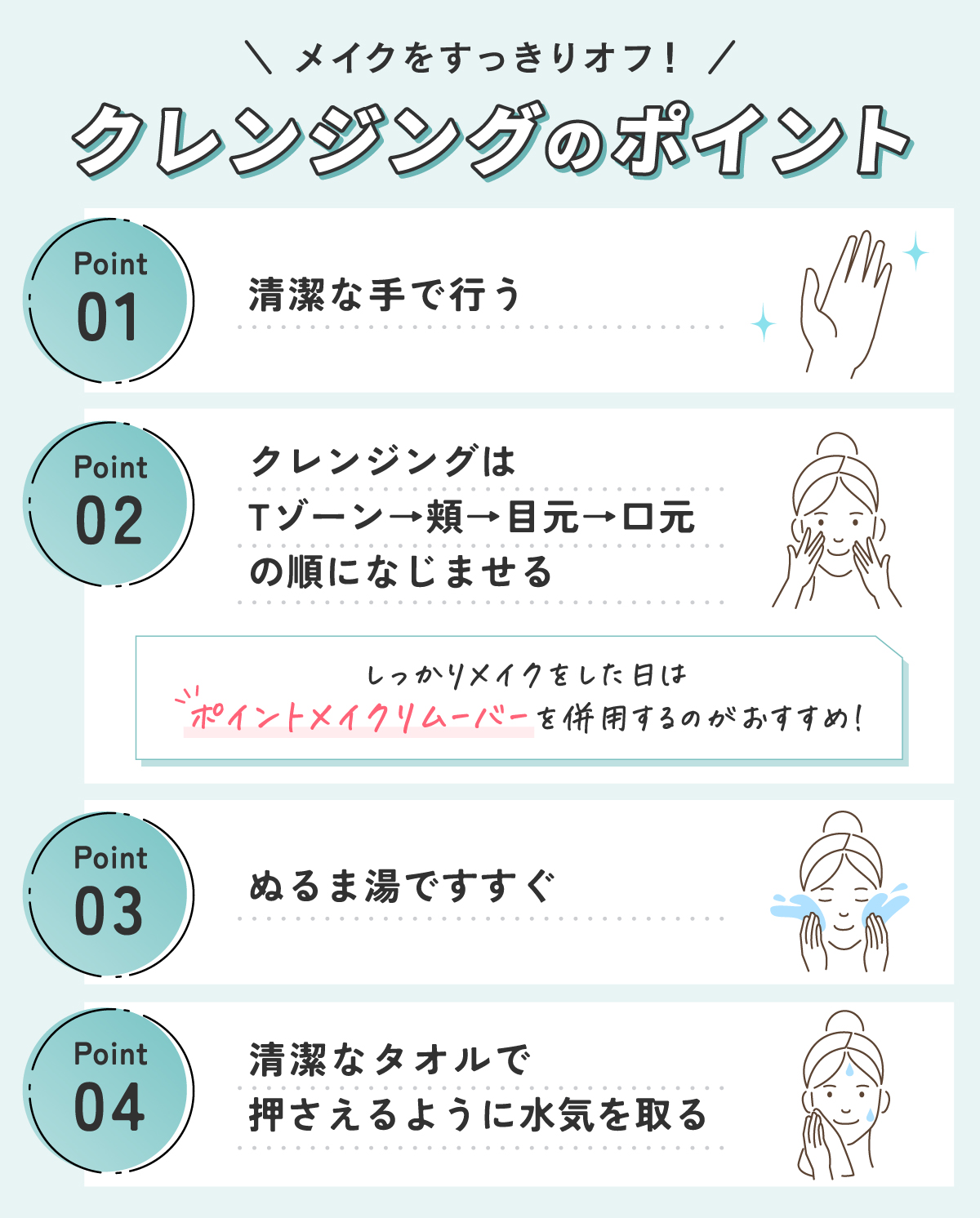 メイクをすっきりオフするクレンジングのポイント。清潔な手で行う。クレンジングはTゾーン→頬→目元→口元の順になじませる。しっかりメイクをした日はポイントメイクリムーバーを併用するのがおすすめ。ぬるま湯ですすぎ清潔なタオルで押さえるように水気を取る。