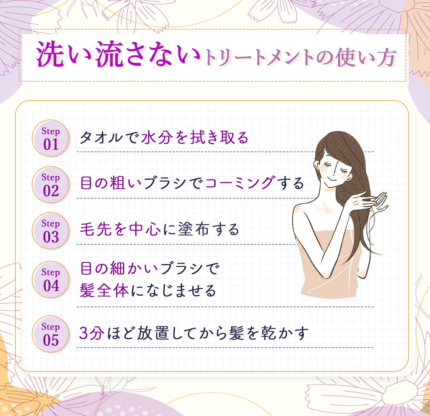 洗い流さないトリートメントの使い方。タオルで水分を拭き取り目の粗いブラシでコーミングする。毛先を中心に塗布して目の細かいブラシで髪全体になじませる。3分ほど放置してから髪を乾かす。