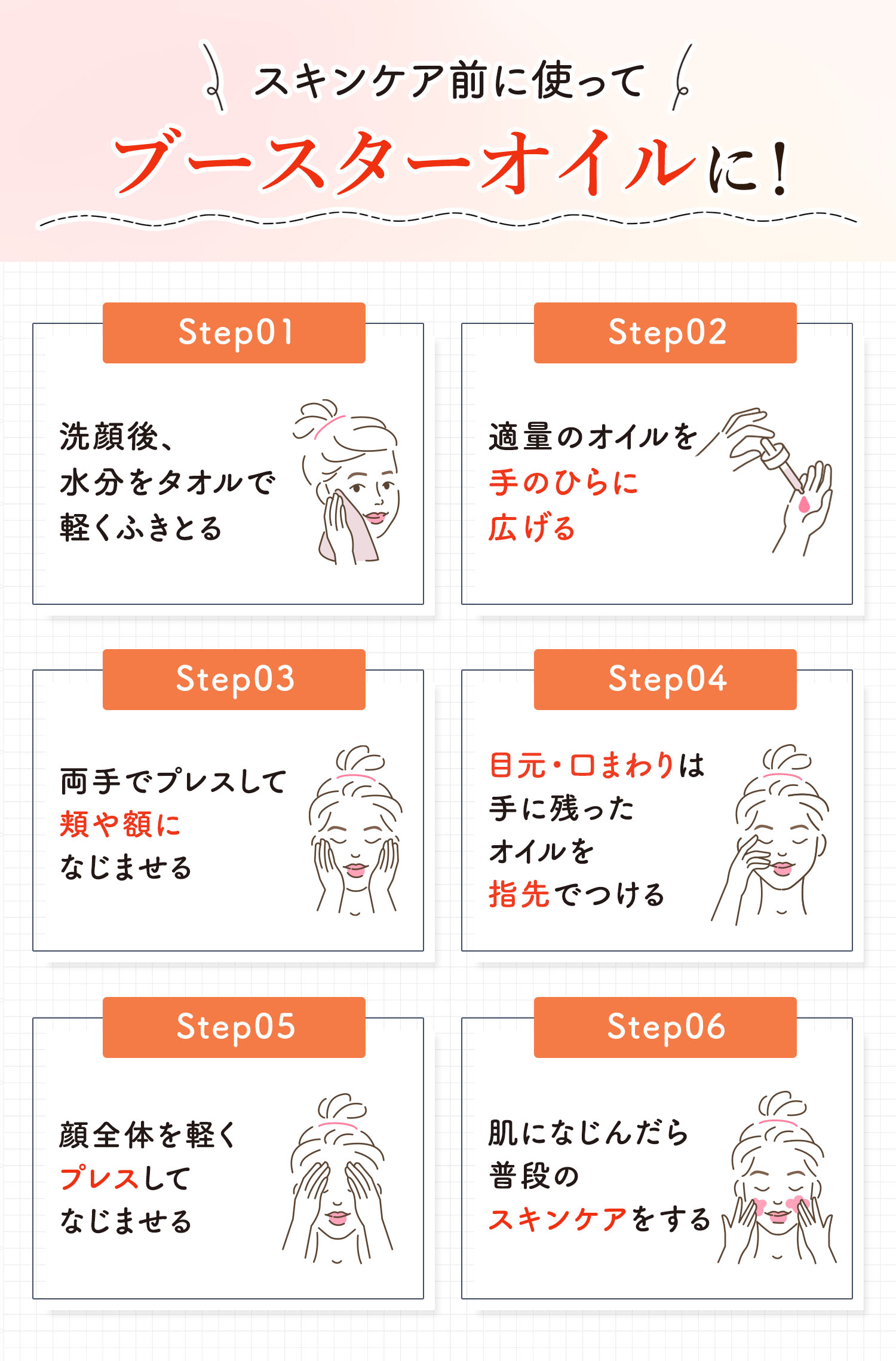 スキンケア前に使ってブースターオイルに！洗顔後、水分をタオルで軽くふきとってから適量のオイルを手のひらに広げ両手でプレスして頬や額になじませる。目元・口まわりは手に残ったオイルを指先でつける。顔全体を軽くプレスしてなじませ肌になじんだら普段のスキンケアをする。