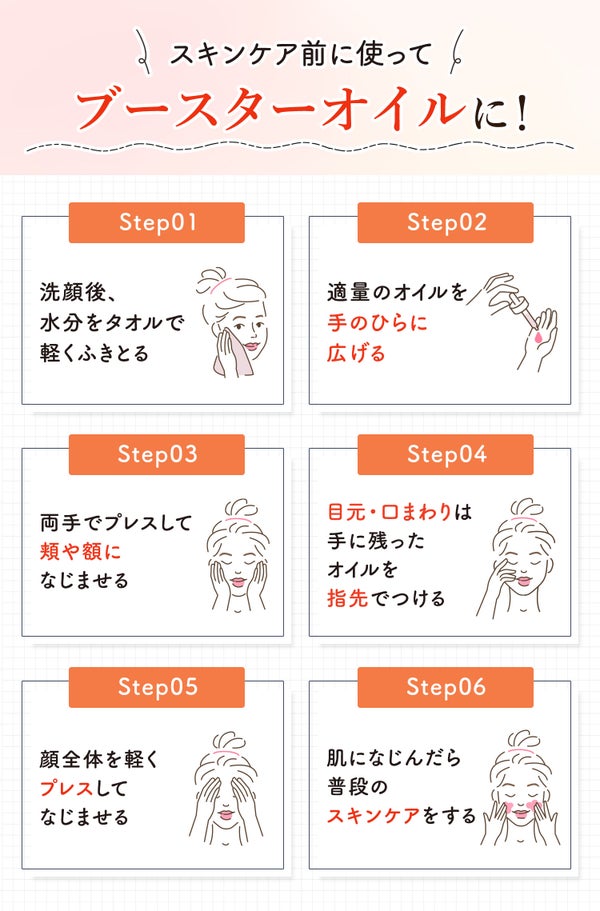 スキンケア前に使ってブースターオイルに!洗顔後、水分をタオルで軽くふきとってから適量のオイルを手のひらに広げ両手でプレスして頬や額になじませる。目元・口まわりは手に残ったオイルを指先でつける。顔全体を軽くプレスしてなじませ肌になじんだら普段のスキンケアをする。