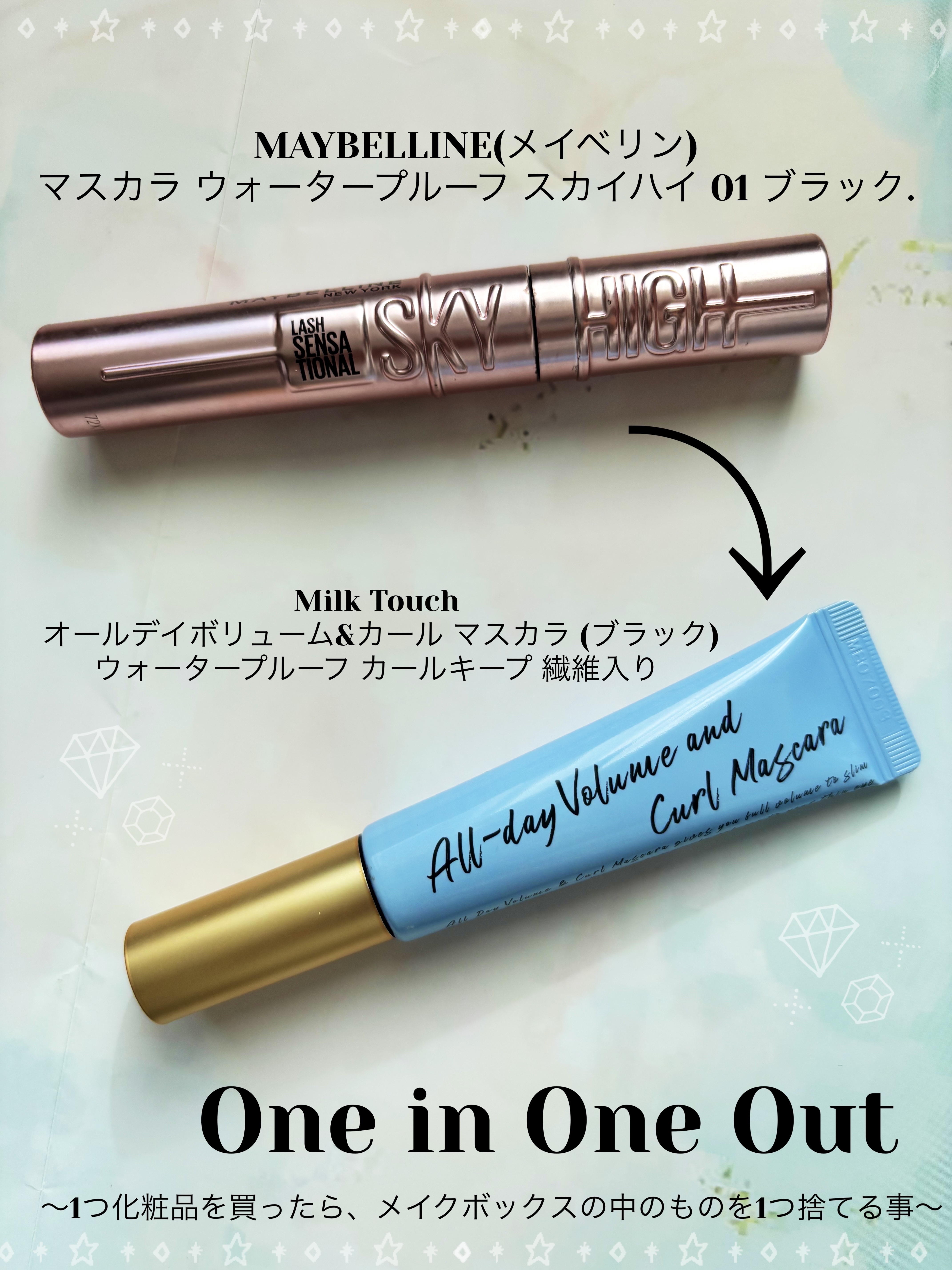 One in One Out
ワンインワンアウトを説明すると、何か1つ物を買ったら、物を1つ捨てることです。
最近化粧品が増えてしまったので、One in One Outを実践しようと思います！


MAYBELLINE NEW YORKス