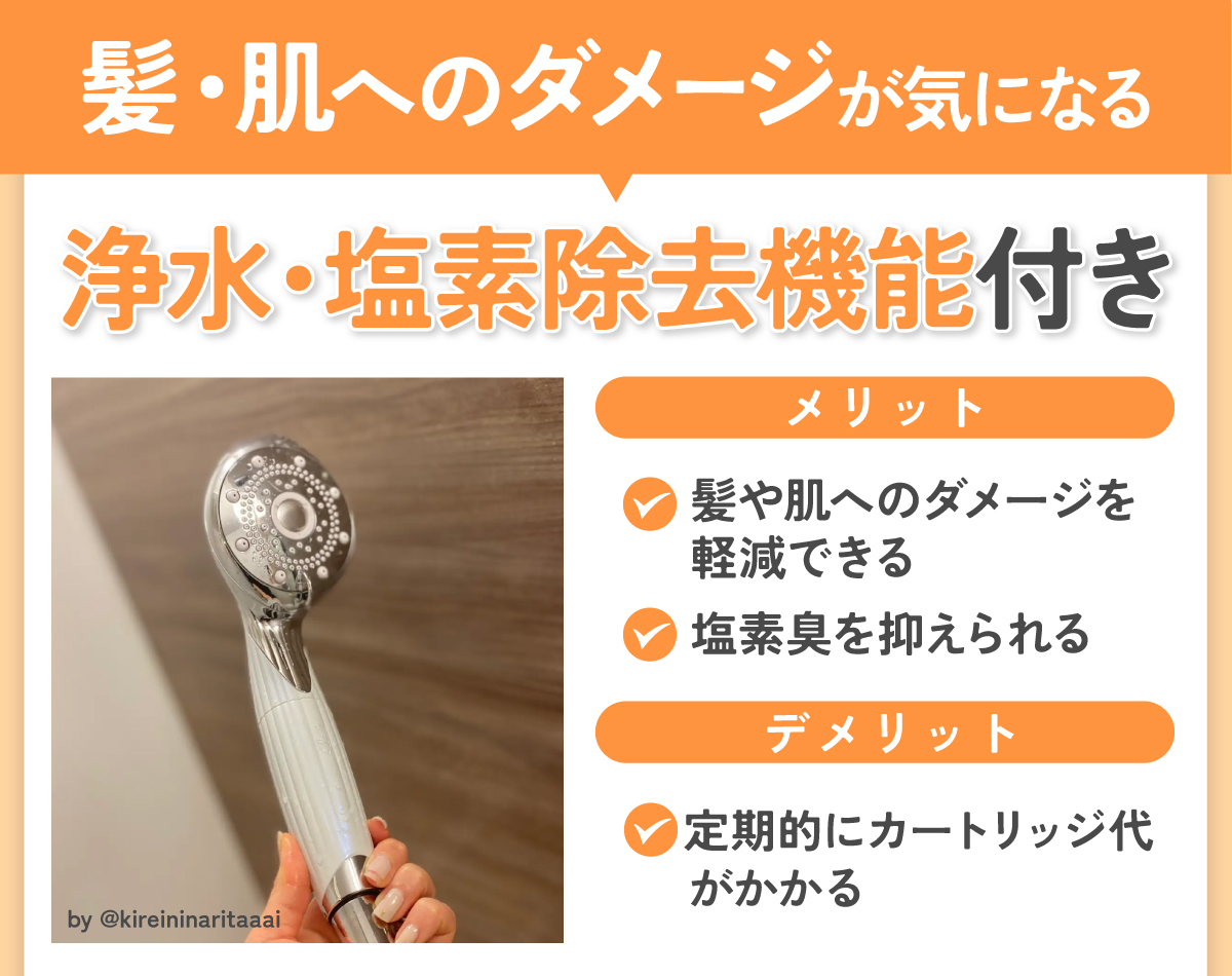 髪・肌へのダメージが気になるなら浄水・塩素除去機能付き。髪や肌へのダメージを軽減でき塩素臭を抑えられます。定期的にカートリッジ代がかかるのデメリットです。