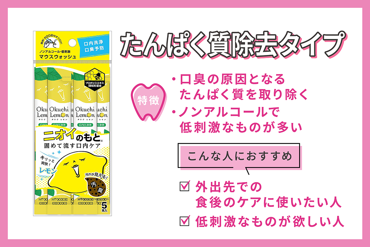 たんぱく質除去タイプは、口臭の原因となるたんぱく質を取り除く。ノンアルコールで低刺激なものが多い。外出先での食後のケアに使いたい人、低刺激なものが欲しい人におすすめ。