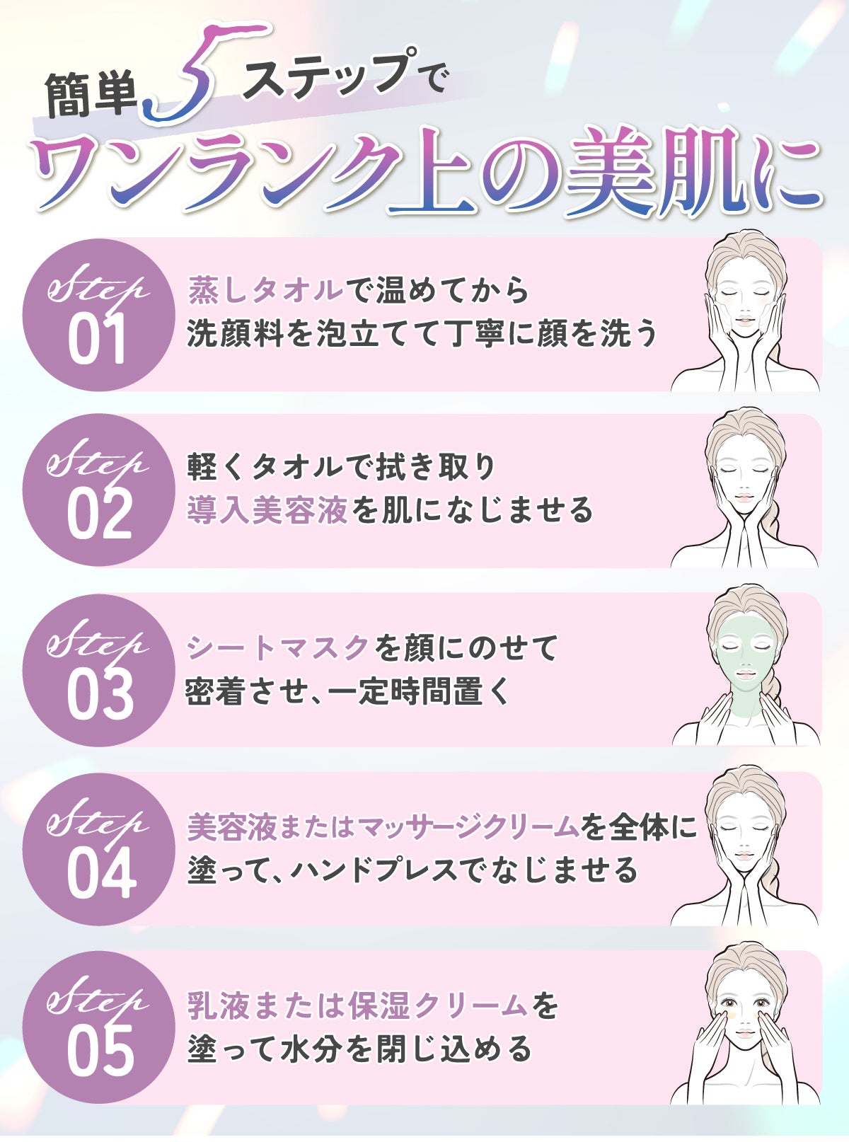 簡単5ステップでワンランク上の美肌に。蒸しタオルで温めてから洗顔料を泡立てて丁寧に顔を洗う。軽くタオルで拭き取り導入美容液を肌になじませる。シートマスクを顔にのせて密着させ、一定時間置く。美容液または美容オイルを全体に塗ってハンドプレスでなじませる。乳液または保湿クリームを塗って水分を閉じ込める。