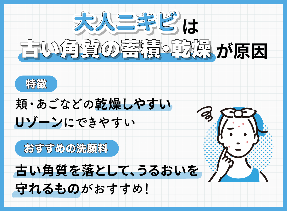 大人ニキビは古い角質の蓄積・乾燥が原因で頬・あごなどの乾燥しやすいUゾーンにできやすいのが特徴です。古い角質を落として、うるおいを守れるものがおすすめ！
