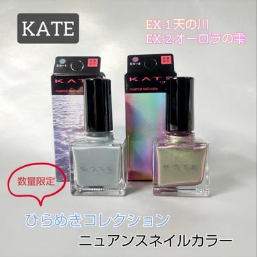 ●KATE ケイト　ひらめきコレクション　ニュアンスネイルカラー　EX-1 天の川／EX-2 オーロラの雫

各10mL　¥1,320（税込）




★ひらめきコレクション

2023年9月23日（土）数量限定発売



塗り重ねるたびに、ニュアンス変化

散りばめられた星のかけらのような、変幻自在の星空ネイル




星空ネイルという名前と色味が気になって、久しぶりにケイトのネイルカラーを使ってみました。

記憶より乾くのが早かったです。



EX-1 天の川は、ブルーグレーにピンクや青のラメが入っています。


EX-2 オーロラの雫は、落ち着きのあるくすんだ紫に偏光パールが入っています。



どちらもくすんだ色味のため、パールやラメが入っていてもそこまで派手になりません。

落ち着いた雰囲気で秋にぴったりのカラーだと思います。


オーロラの雫の方はキャンメイクに似たカラーがあったと思いますが、2度塗りでもそこそこ濃いめに発色してくれるのはケイトの方です。



価格がケイトにしては高くてちょっと手を出しにくいかな。

もうちょっと出せばデパコスが買える笑の画像 その0