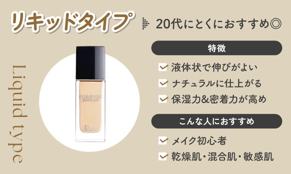 リキッドタイプは20代にとくにおすすめ◎ 液体状で伸びがよくナチュラルに仕上がり保湿力&密着力が高いのが特徴。メイク初心者や乾燥肌・混合肌・敏感肌におすすめ。