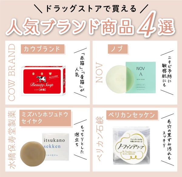 ドラッグストアで買える人気ブランド商品4選。カウブランドは「赤箱」「青箱」が人気。ノブはニキビ予防に、敏感肌にも。水橋保寿堂製薬はもっちりとした泡立ち。ペリカン石鹸は毛穴の黒ずみ汚れもスッキリ。
