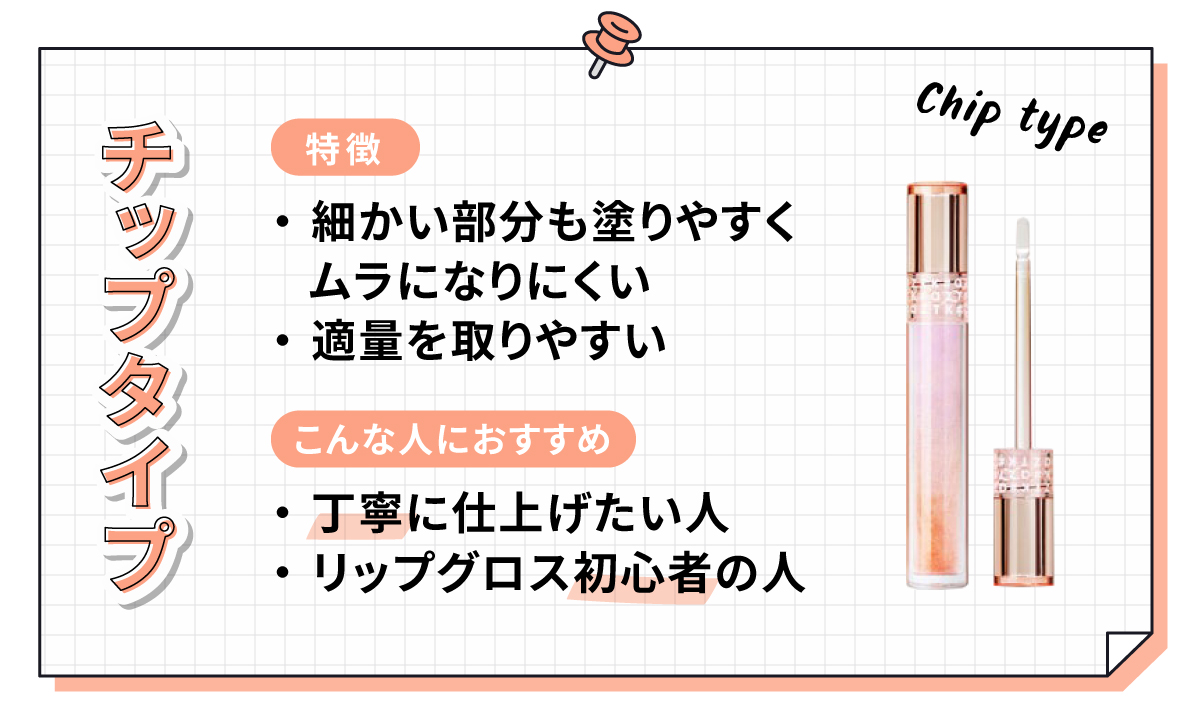チップタイプ細かい部分も塗りやすくムラになりにくく、適量を取りやすいのが特徴です。リップグロス初心者の人や丁寧に仕上げたい人におすすめ。