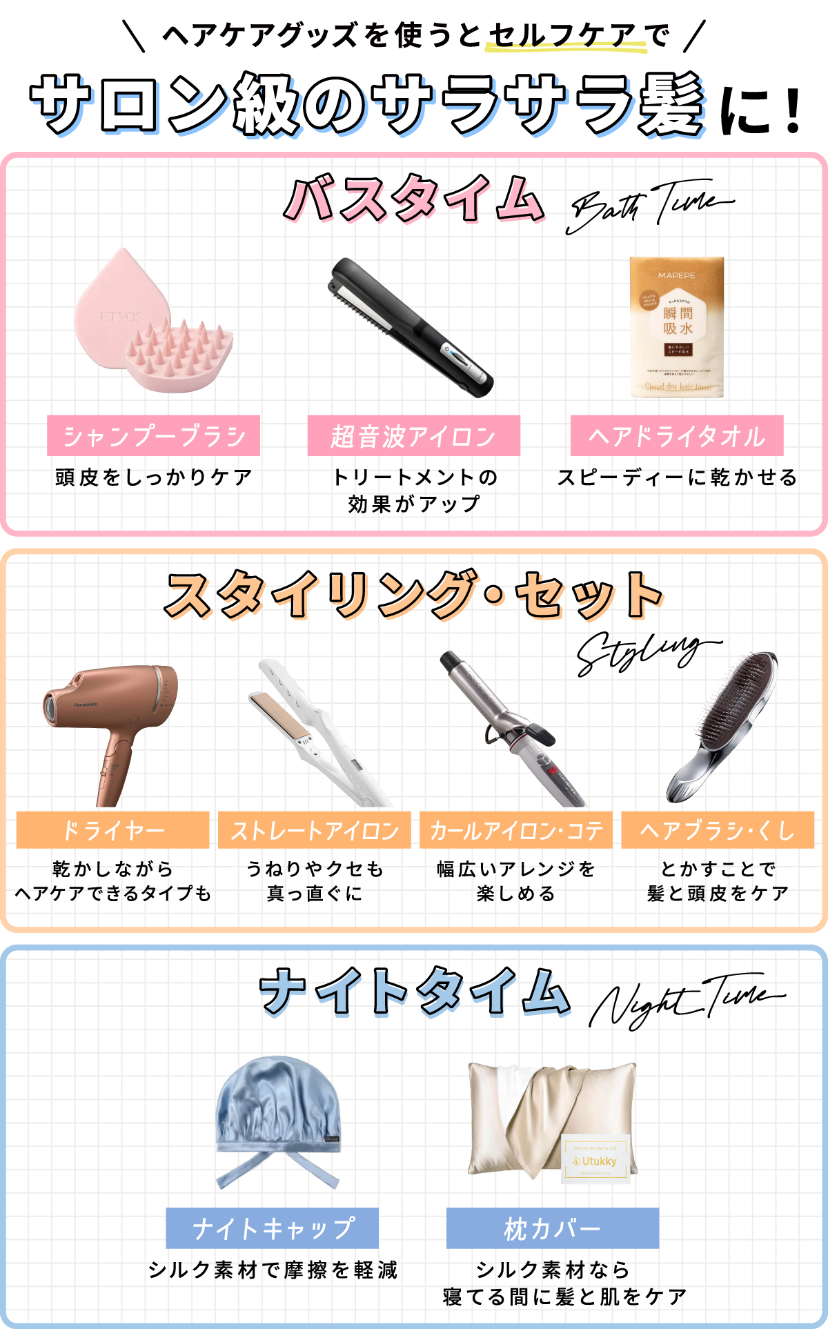 ヘアケアグッズを使うとセルフケアでサロン級のサラサラ髪になる。シャンプーブラシは頭皮をしっかりケア。超音波アイロンはトリートメントの効果がアップ。ヘアドライタオルはスピーディーに乾かせる。スタイリング・セットでドライヤーは乾かしながらヘアケアできるタイプもある。ストレートアイロンはうねりやクセも真っ直ぐに。カールアイロン・コテは幅広いアレンジを楽しめる。ヘアブラシ・くしは梳かすことで髪と頭皮をケア。ナイトタイムでナイトキャップはシルク素材で摩擦を軽減。枕カバーはシルク素材なら寝てる間に髪と肌をケア。