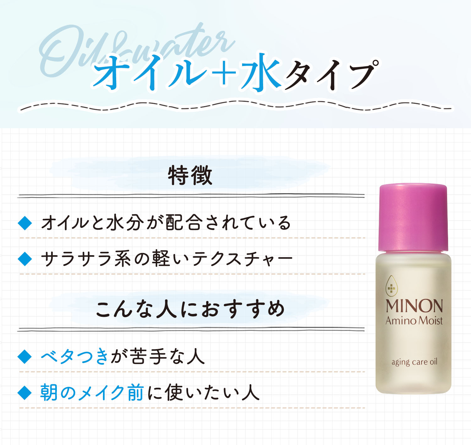 オイル＋水タイプはオイルと水分が配合されておりサラサラ系の軽いテクスチャーが特徴。ベタつきが苦手な人や朝のメイク前に使いたい人におすすめ。