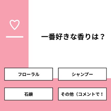 【質問】
一番好きな香りは？

【回答】
・フローラル：16.7%
・シャンプー：25.0%
・石鹸：25.0%
・その他（コメントで！：33.3%

#みんなに質問

================