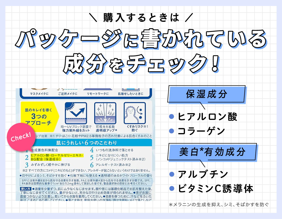 購入するときはパッケージに書かれている成分をチェック！保湿成分はヒアルロン酸やコラーゲンなど。美白*有効成分はアルブチンやビタミンC誘導体など。*メラニンの生成を抑え、シミ、そばかすを防ぐ