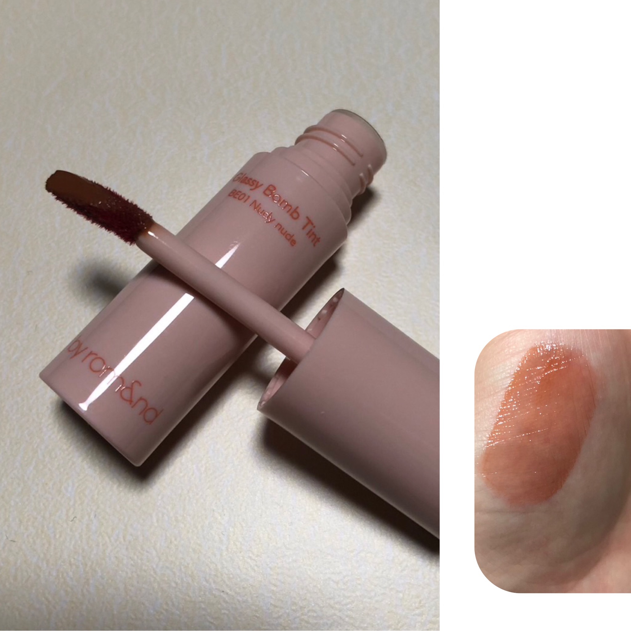 アンドバイロムアンド　グラッシーボムティント BE01 ヌーディーヌード/&nd by rom&nd/リップティントを使ったクチコミ（2枚目）