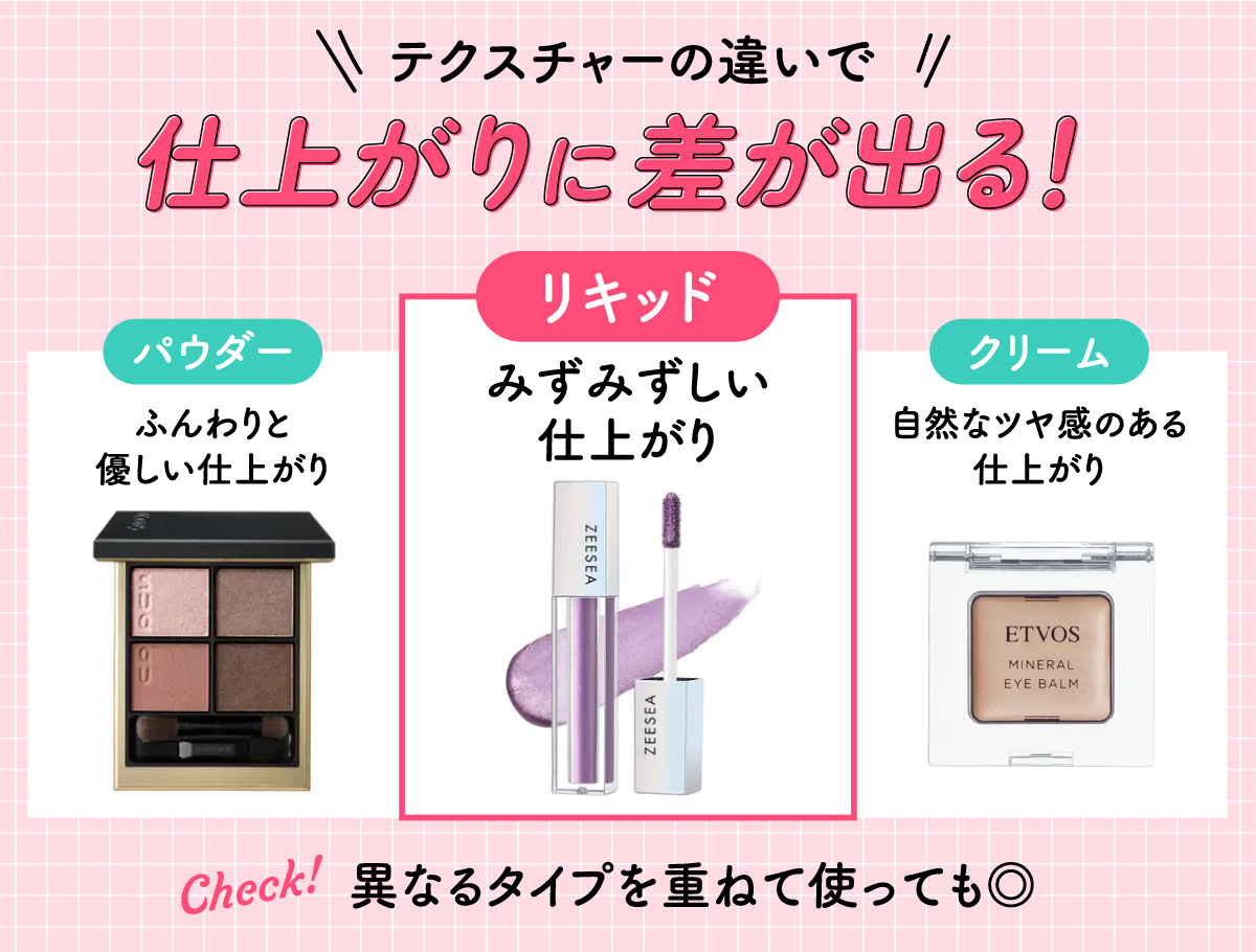 アイシャドウはテクスチャーの違いで仕上がりに差が出ます。パウダーアイシャドウはふんわりと優しい仕上がりに、リキッドアイシャドウはみずみずしい仕上がりに、クリームアイシャドウは自然なツヤ感のある仕上がりになります。