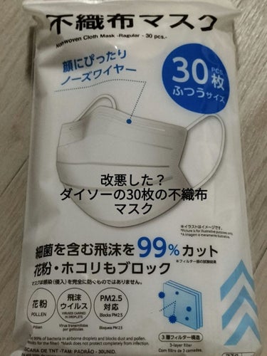 酷評です

こんばんは、あいらはんです
ダイソーで売られている30枚で110円のマスクのレビューをしようと思います

白色のマスクだけ、箱ではなくって袋に変更されましたね
袋になってから初めて昨日購入し