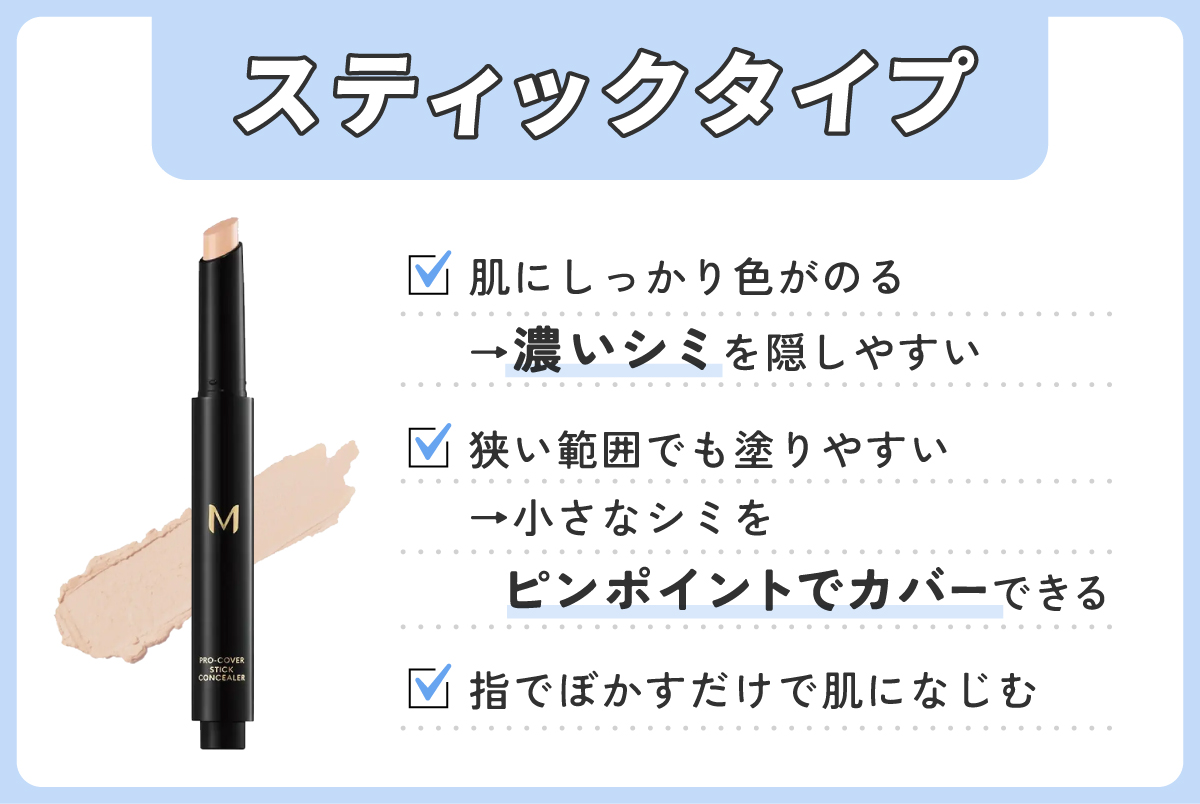 スティックタイプは肌にしっかり色がのるので濃いシミを隠しやすい。狭い範囲でも塗りやすく小さなシミをピンポイントでカバーできる。指でぼかすだけで肌になじむ。