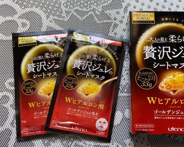 プレミアムプレサ　ゴールデンジュレマスク
大人の肌を柔らげる
贅沢ジュレのシートマスク
33g×3枚
Wヒアルロン酸
.
ずっと使ってみたくて、乾燥肌用を購入しました。
ジュレがこんなに入ってると思わな