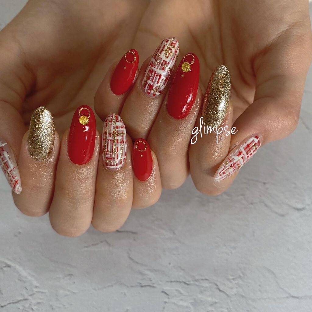 #中津ネイル,#中津市ネイル,#ツイードネイル,#赤ネイルのネイルデザイン