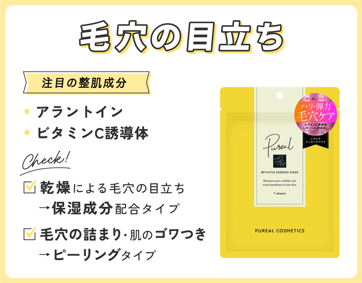 毛穴の目立ちにはアラントイン・ビタミンC誘導体など整肌成分配合のものに注目。乾燥による毛穴の目立ちには保湿成分配合タイプ、毛穴の詰まり・肌のゴワつきにはピーリングタイプ。