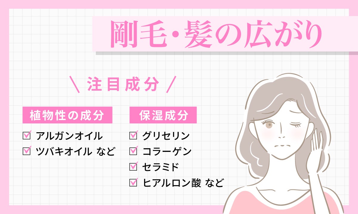 剛毛・髪の広がりが気になる人が注目したい成分は、アルガンオイル、ツバキオイルなどの植物性の成分。保湿成分のグリセリンやコラーゲン、セラミド、ヒアルロン酸など。