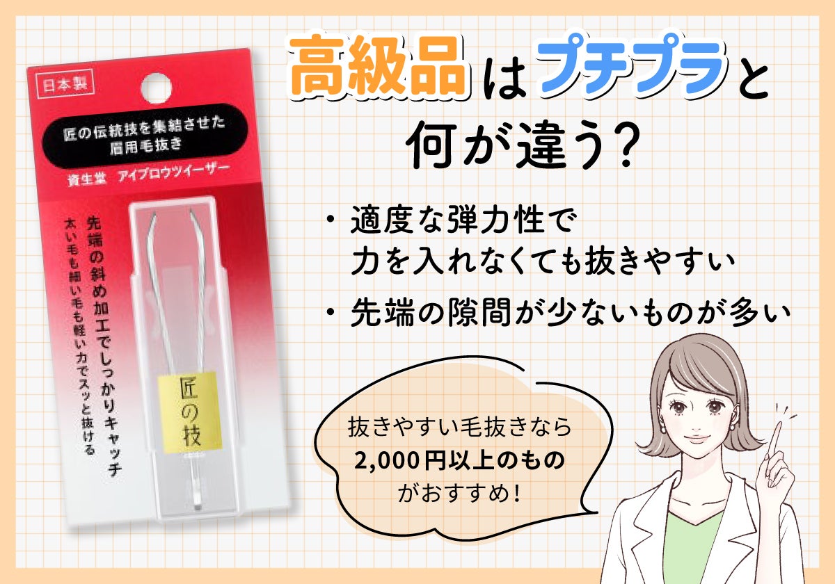 高級品はプチプラと何が違う?プチプラと比べて適度な弾力性で、力を入れなくても抜きやすい。先端の隙間が少ないものが多い。抜きやすい毛抜きなら2,000円以上のものがおすすめ!