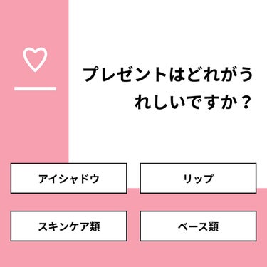 【質問】
プレゼントはどれがうれしいですか？

【回答】
・アイシャドウ：38.7%
・リップ：51.6%
・スキンケア類：9.7%
・ベース類：0.0%

#みんなに質問

=============